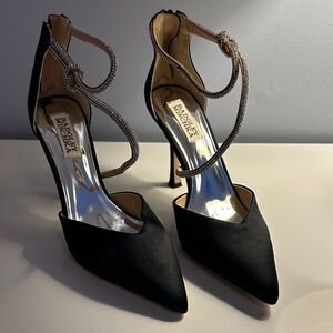 Badgley Mischka Black Satin Heels with Silver Straps